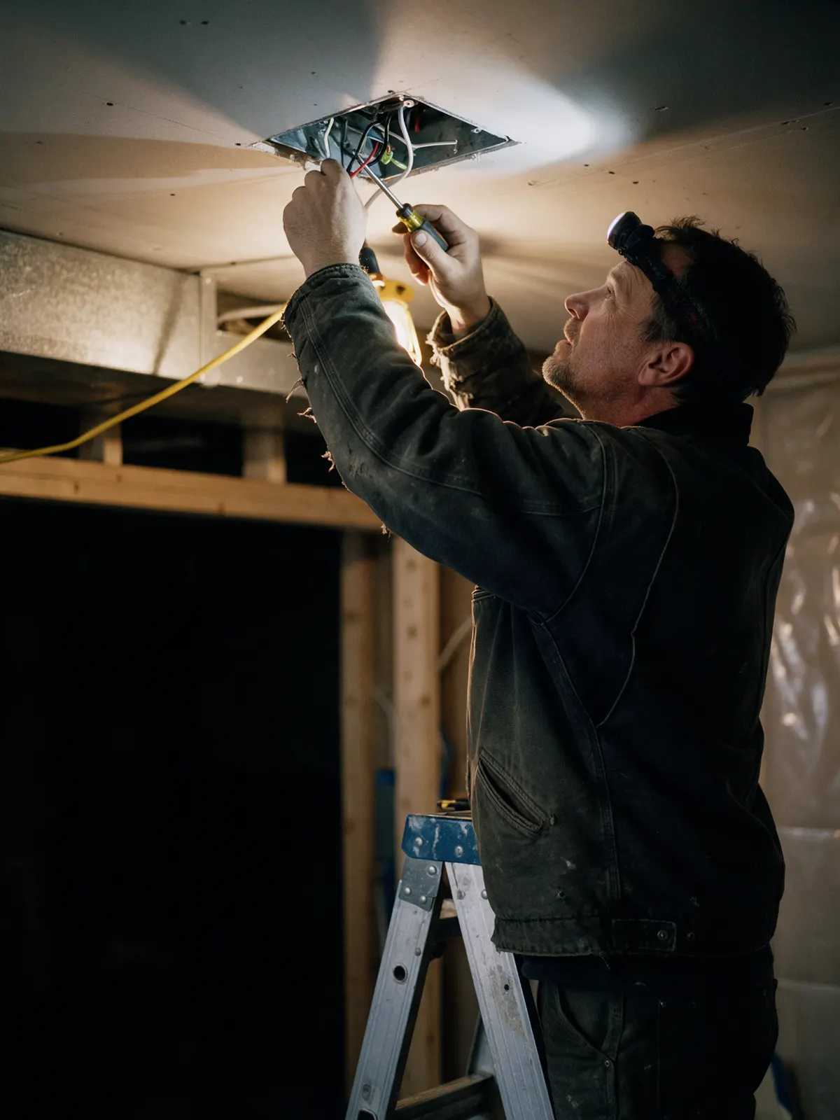 An electrician on a stepladder, both hands up in an open ceiling junction box, lit by a headlamp.