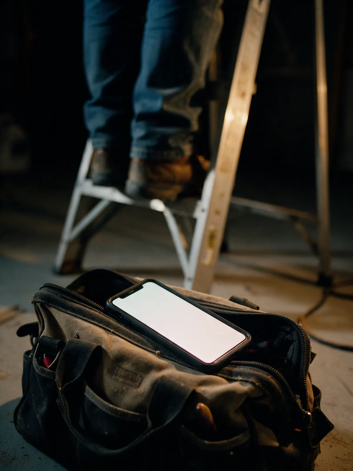 A phone lighting up on a tool bag at the foot of a stepladder, out of reach.