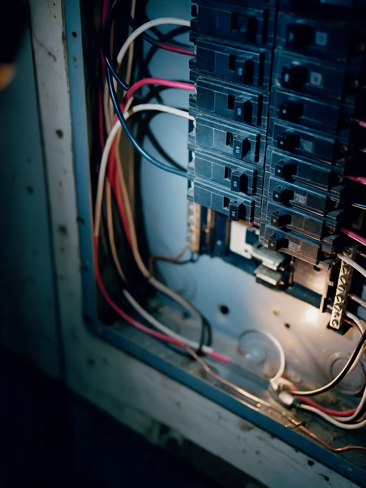 An open residential breaker panel, rows of breakers and the branch wiring lit by a work light.